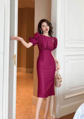Satin Puff Sleeve Ruched Column Dress